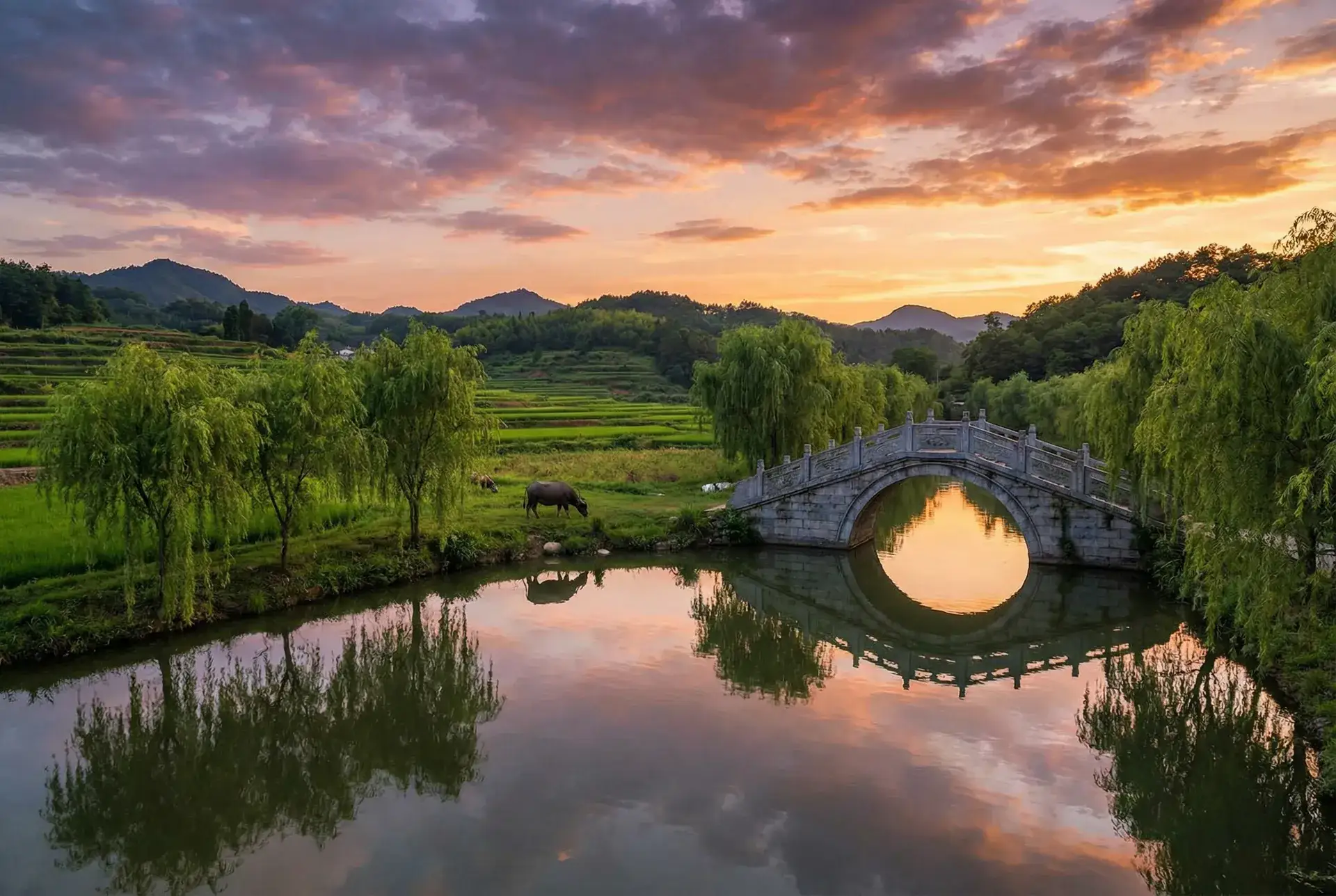 夕阳下的石拱桥与垂柳，水牛在河边吃草 - 潜伏全集下载 乡村美景